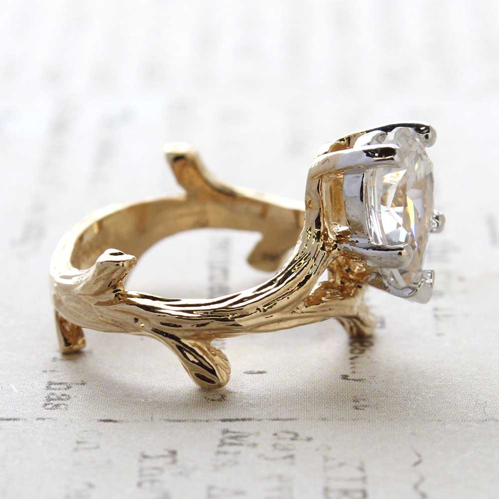 Vintage Ring 18k Yellow Gold Electroplate Twig Style Band with Pear Shaped Cubic Zirconia  made in the USA