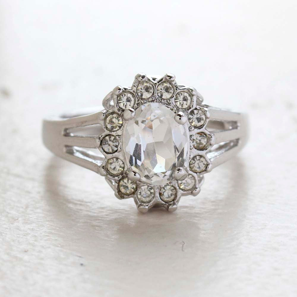 Vintage Clear Austrian Crystal Ring - 18k White Gold Electroplated - April Birthstone - Made in the USA