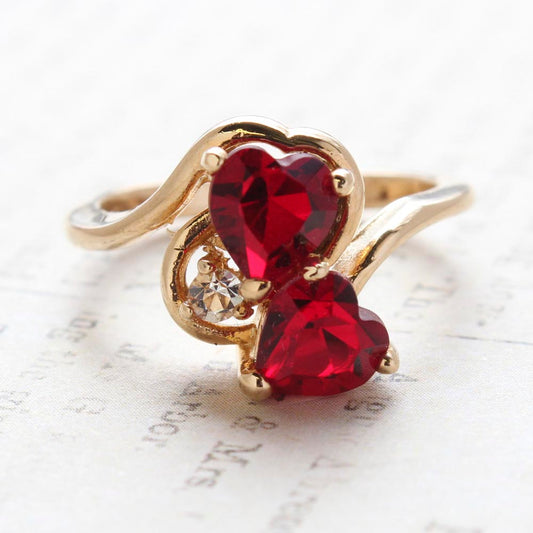 Vintage Ring Ruby Swarovski Crystal Double Heart Ring 18k Gold Antique Womans Handmade Jewelry R2342