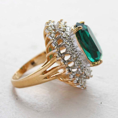 Vintage Jewelry Emerald Cubic Zirconia and Clear Crystal Cocktail Ring in 18kt Gold Electroplate Made in the USA