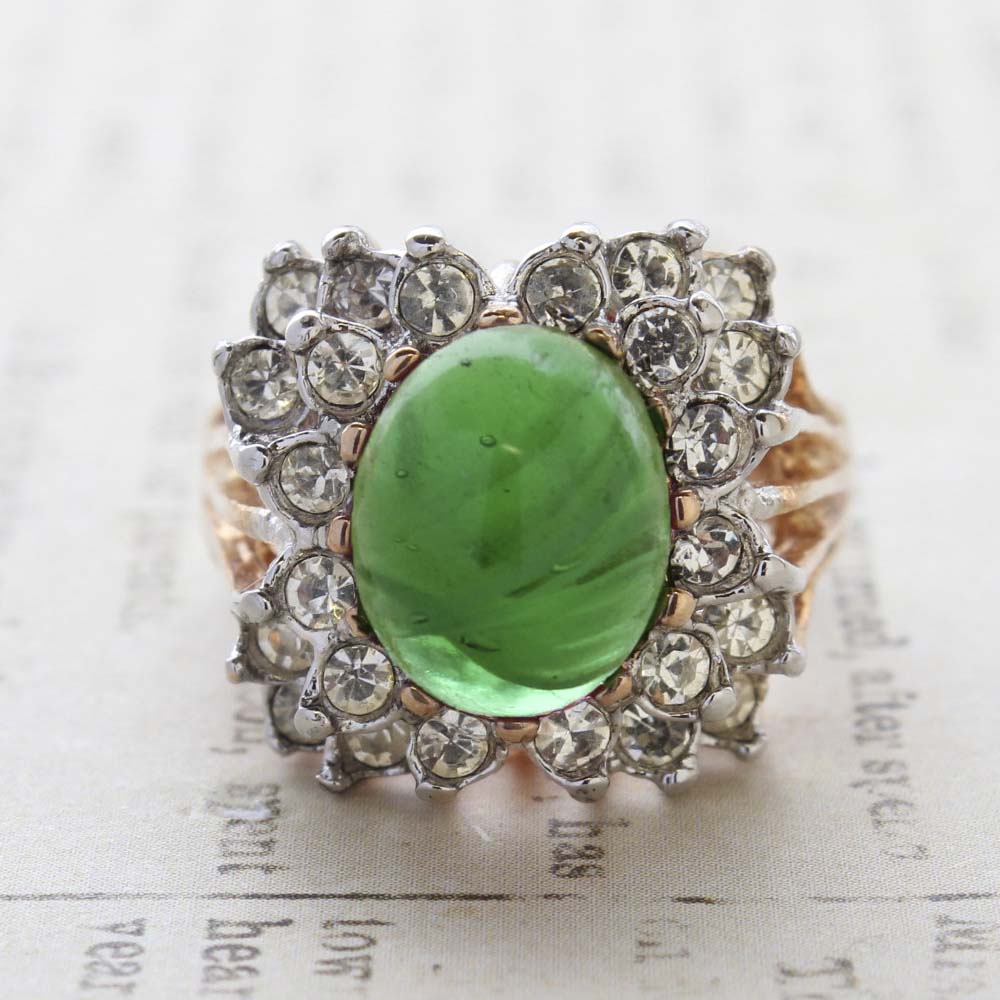 Vintage Emerald Green Cabochon Stone Cocktail Ring - Clear Austrian Crystals - 18kt Yellow Gold Electroplated - May Birthstone - Made in the USA