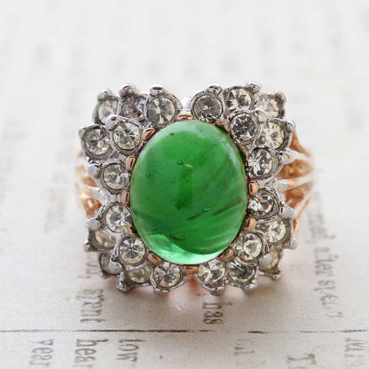 Vintage Emerald Green Cabochon Stone Cocktail Ring - Clear Austrian Crystals - 18kt Yellow Gold Electroplated - May Birthstone - Made in the USA