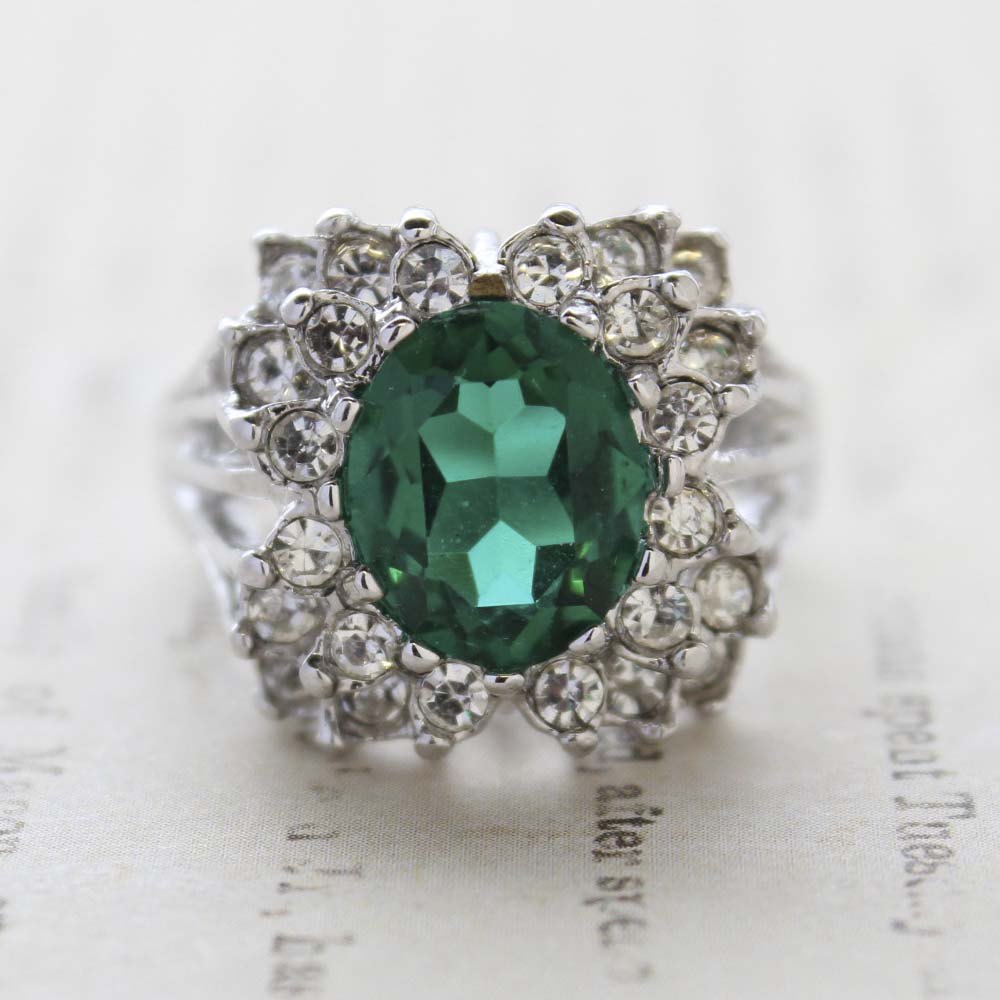 Vintage Emerald Cubic Zirconia Cocktail Ring - Clear Austrian Crystals - 18kt White Gold Electroplated - May Birthtone - Made in the USA