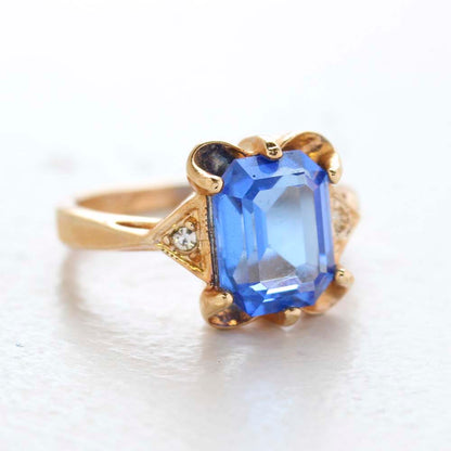 Vintage Ring Emerald Cut Blue Topaz Cz 18kt Gold Plated Ring Made in the USA December Birthstone