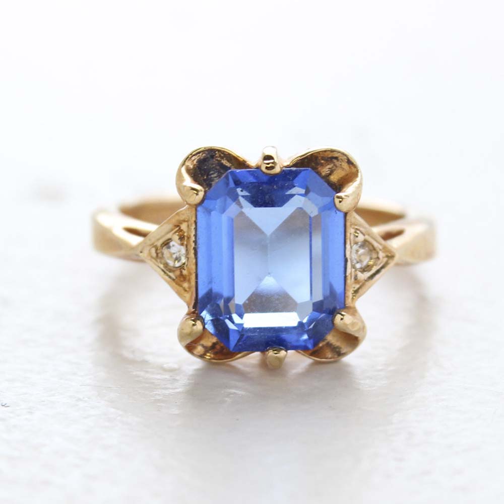 Vintage Ring Emerald Cut Blue Topaz Cz 18kt Gold Plated Ring Made in the USA December Birthstone