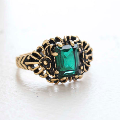 Vintage Ring Emerald Cut Emerald Cz 18kt Antiqued Yellow Gold Plated Filligre Ring Made in the USA July Birthstone