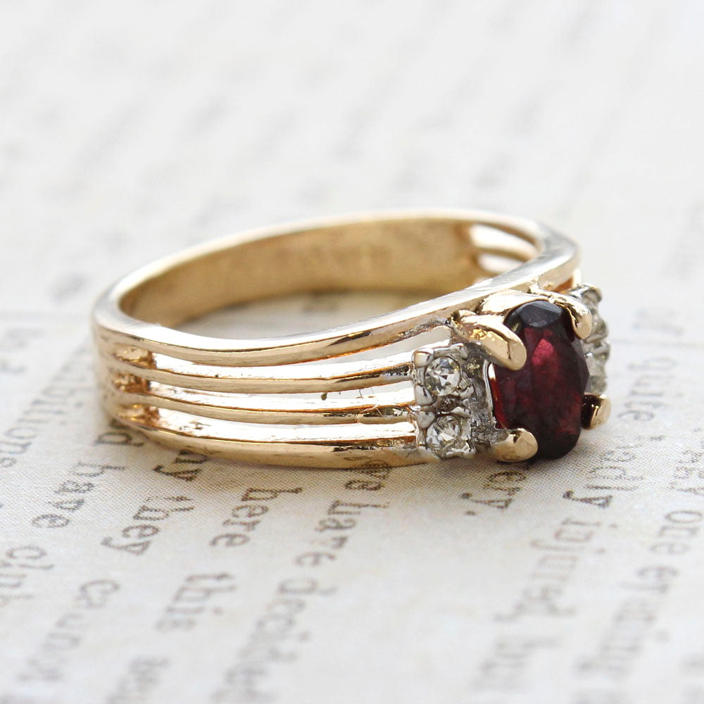 Vintage Garnet Cubic Zirconia Ring -  Clear Austrian Crystal Side Accents - 18kt Yellow Gold Electroplated - January Birthstone - Made in the USA