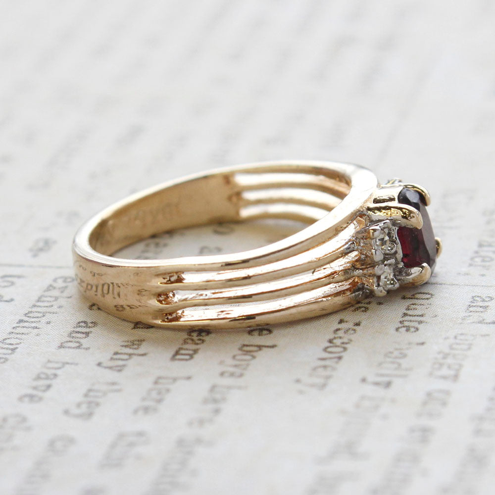 Vintage Garnet Cubic Zirconia Ring -  Clear Austrian Crystal Side Accents - 18kt Yellow Gold Electroplated - January Birthstone - Made in the USA