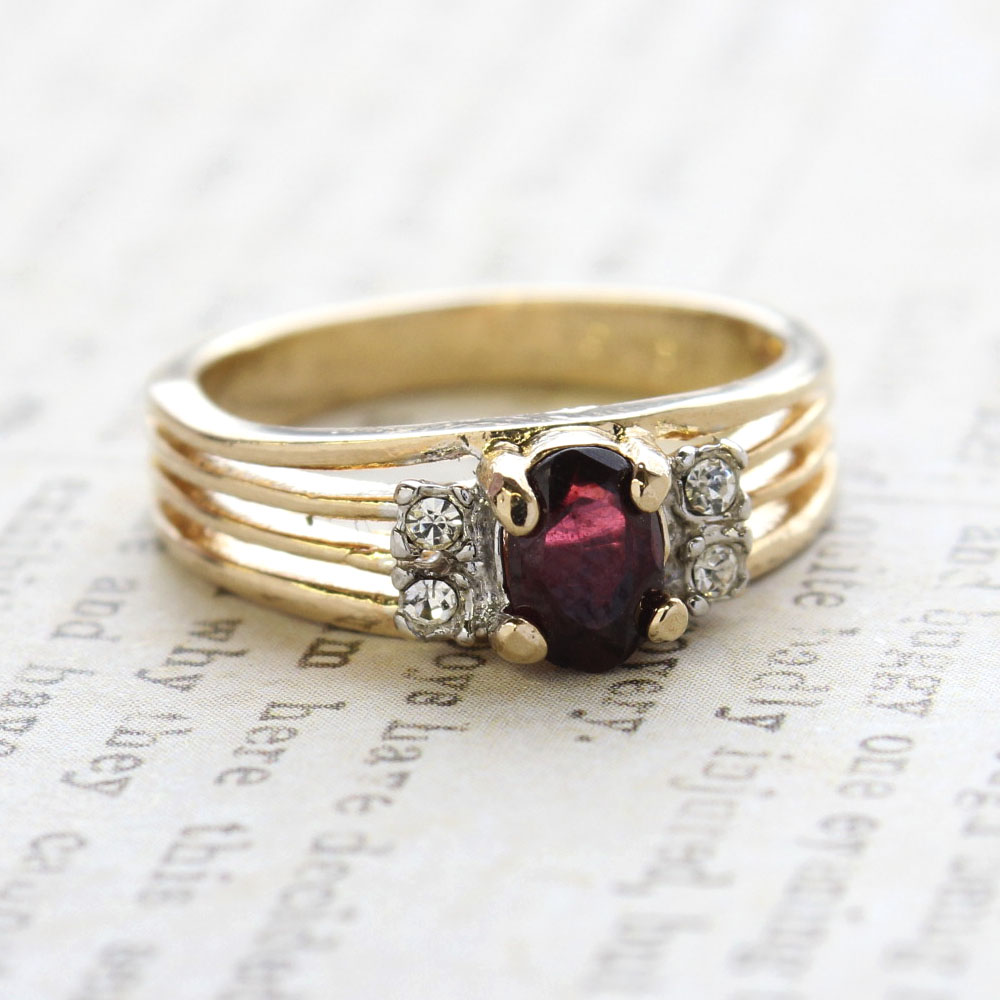 Vintage Garnet Cubic Zirconia Ring -  Clear Austrian Crystal Side Accents - 18kt Yellow Gold Electroplated - January Birthstone - Made in the USA