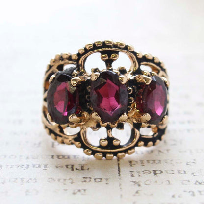 Vintage Garnet Austrian Crystal Cocktail Ring - 18kt Yellow Gold Electroplated - January Birthstone -  Made in the USA