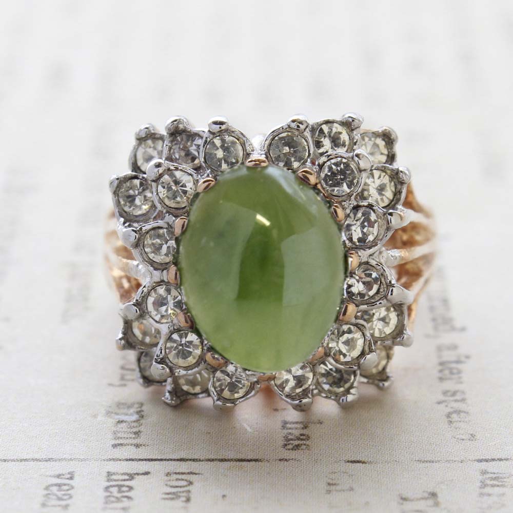Vintage Genuine Jade Cabochon Stone Cocktail Ring - Clear Austrian Crystals - 18kt Yellow Gold Electroplated - Made in the USA