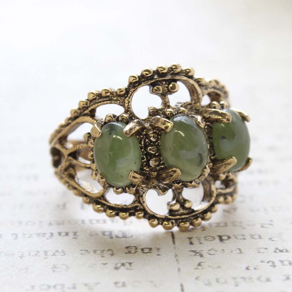 Vintage Genuine Jade Cabochon Stones Cocktail Ring - 18kt Yellow Gold Electroplated - Made in the USA