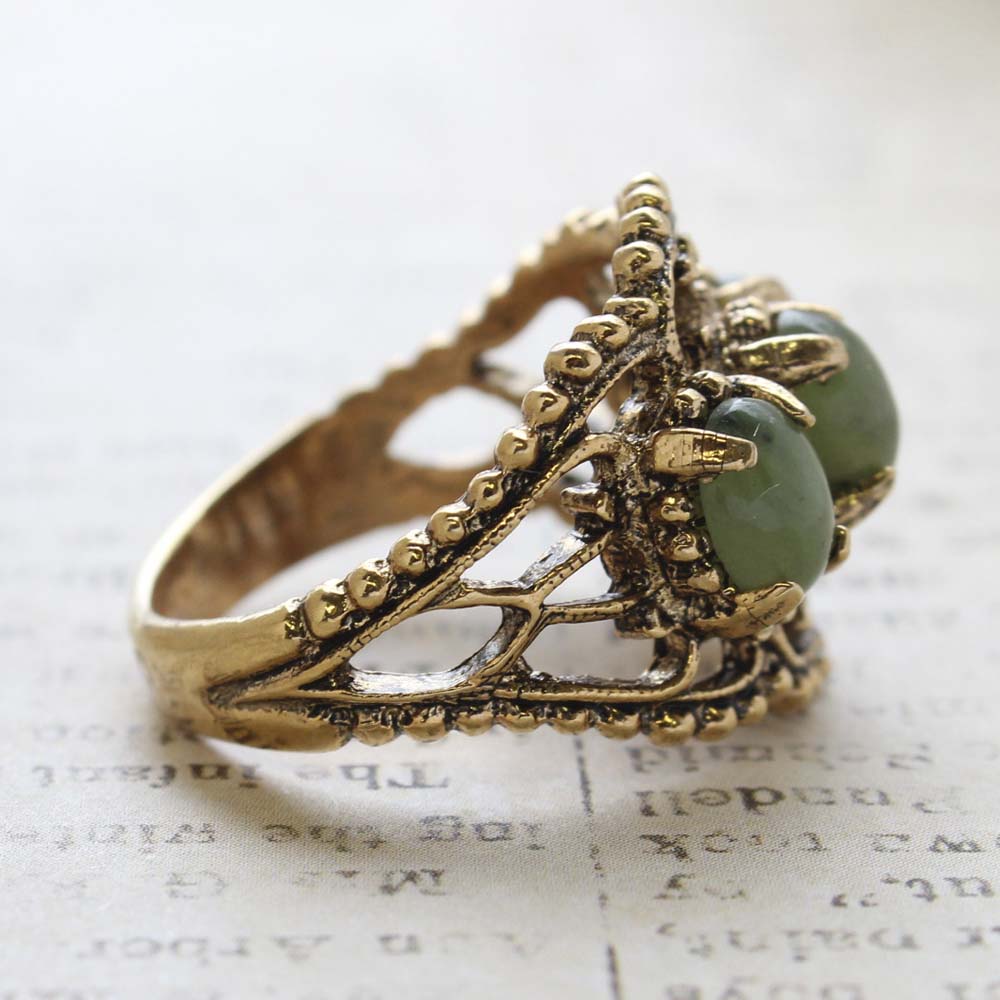 Vintage Genuine Jade Cabochon Stones Cocktail Ring - 18kt Yellow Gold Electroplated - Made in the USA