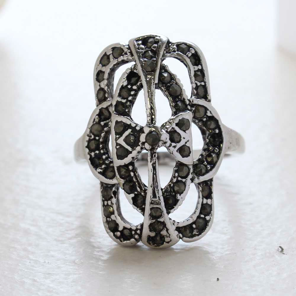 Vintage Genuine Marcasite Cocktail Ring - Antique 18k White Gold Electroplated - Made in USA