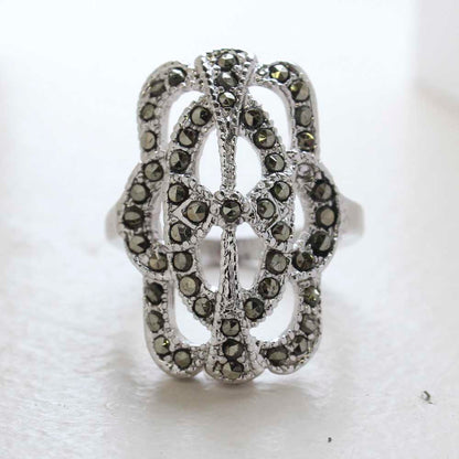 Vintage Genuine Marcasite Cocktail Ring 1800s Design 18k Antiqued White Gold Electroplate