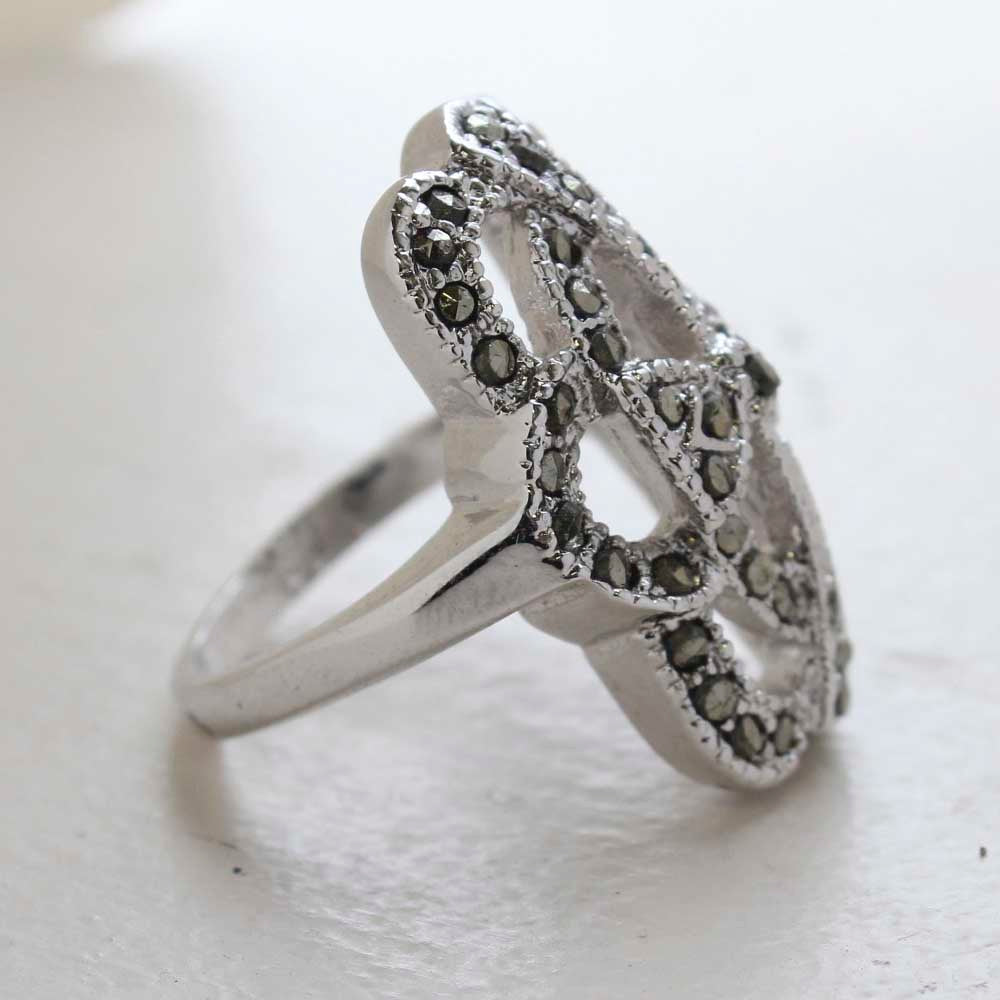 Vintage Genuine Marcasite Cocktail Ring 1800s Design 18k Antiqued White Gold Electroplate