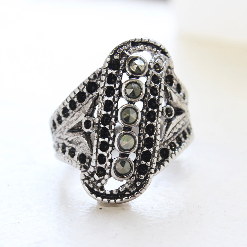 Vintage Genuine Marcasite Filigree Ring - Antique 18k White Gold Electgroplated - Made in USA