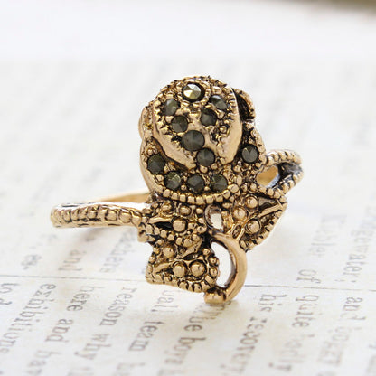 Vintage Genuine Marcasite Rose Ring - Antique 18k Yellow Gold Electroplated - Made in USA