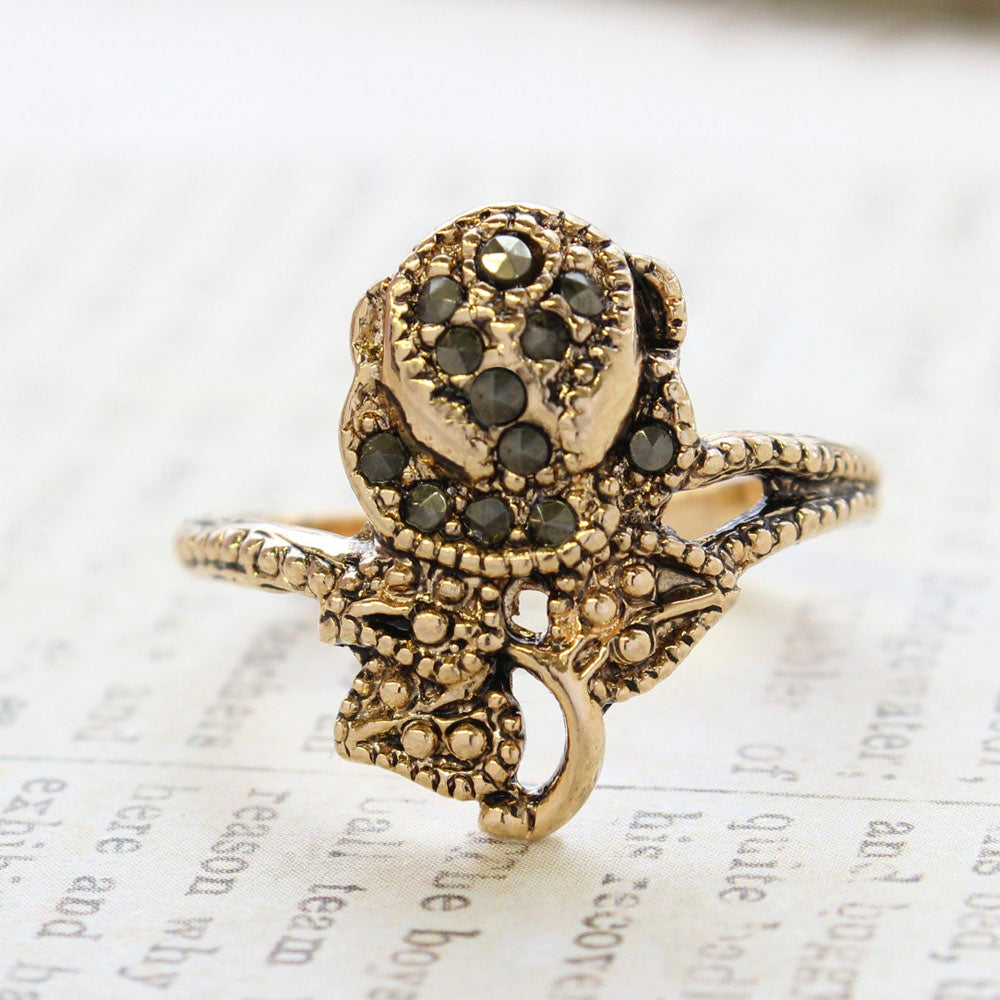 Vintage Genuine Marcasite Rose Ring - Antique 18k Yellow Gold Electroplated - Made in USA