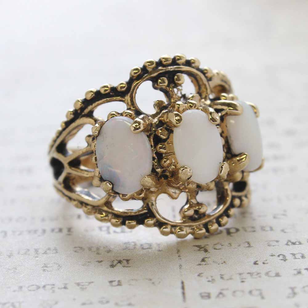 Vintage Genuine Opal Cabochon Stones Cocktail Ring - 18kt Yellow Gold Electroplated - October Birthstone - Made in the USA