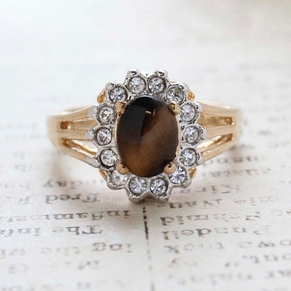 Vintage Genuine Tiger Eye Ring - Clear Austrian Crystals  - 18k Yellow Gold Electroplated - Made in the USA