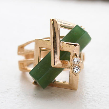 Vintage Ring Retro Glass Jade Clear Crystals 18k Gold Cocktail Ring Antique Womans Jewelry Jade Rings #R368 Size: 5