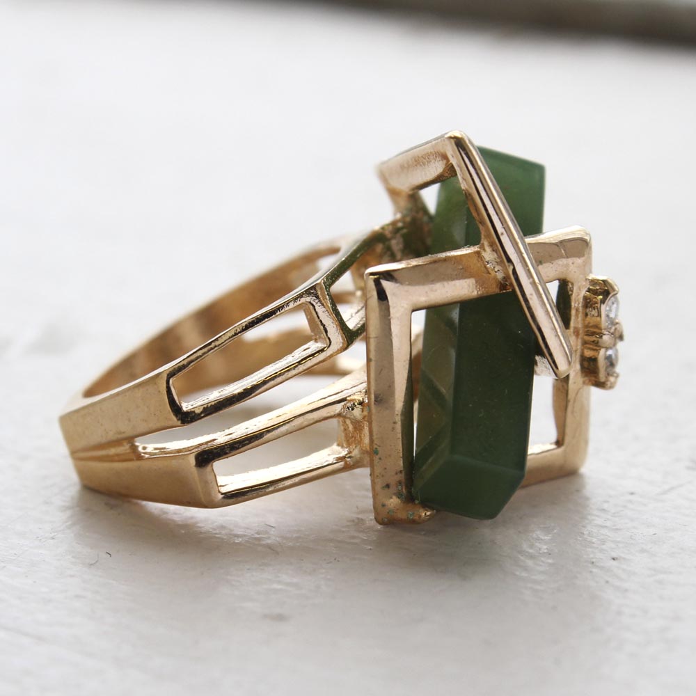 Vintage Ring Retro Glass Jade Clear Crystals 18k Gold Cocktail Ring Antique Womans Jewelry Jade Rings #R368 Size: 5