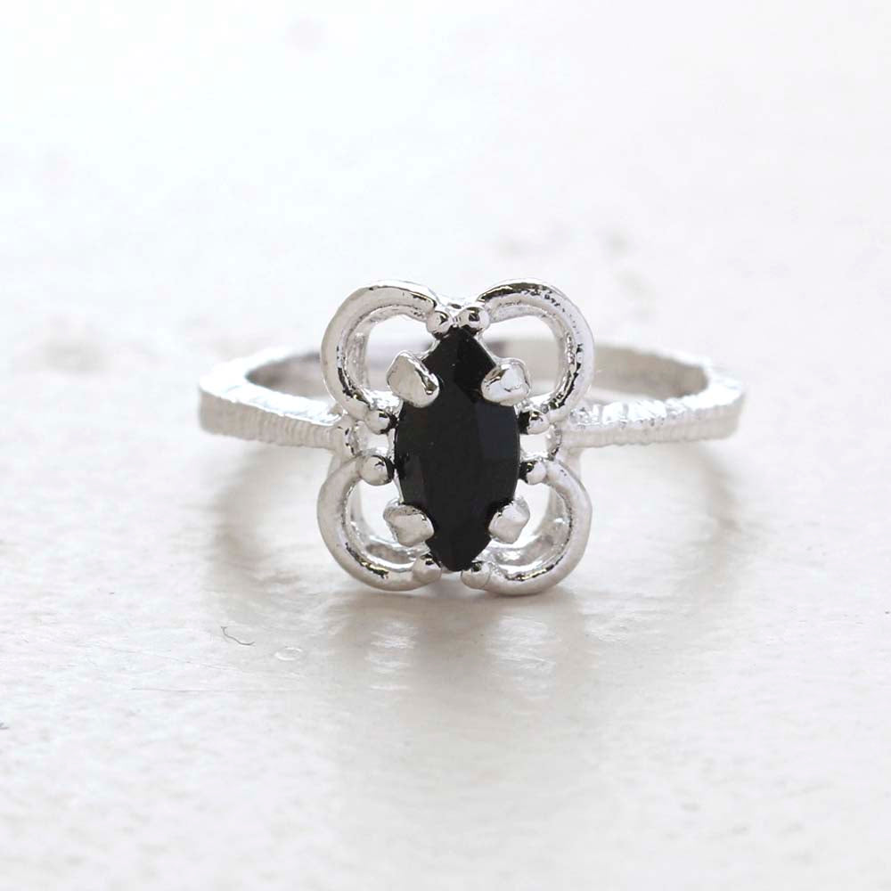 Vintage Jewelry Marquise Cut Jet Black Crystal Cocktail Ring in 18k White Gold Electroplate Made in the USA