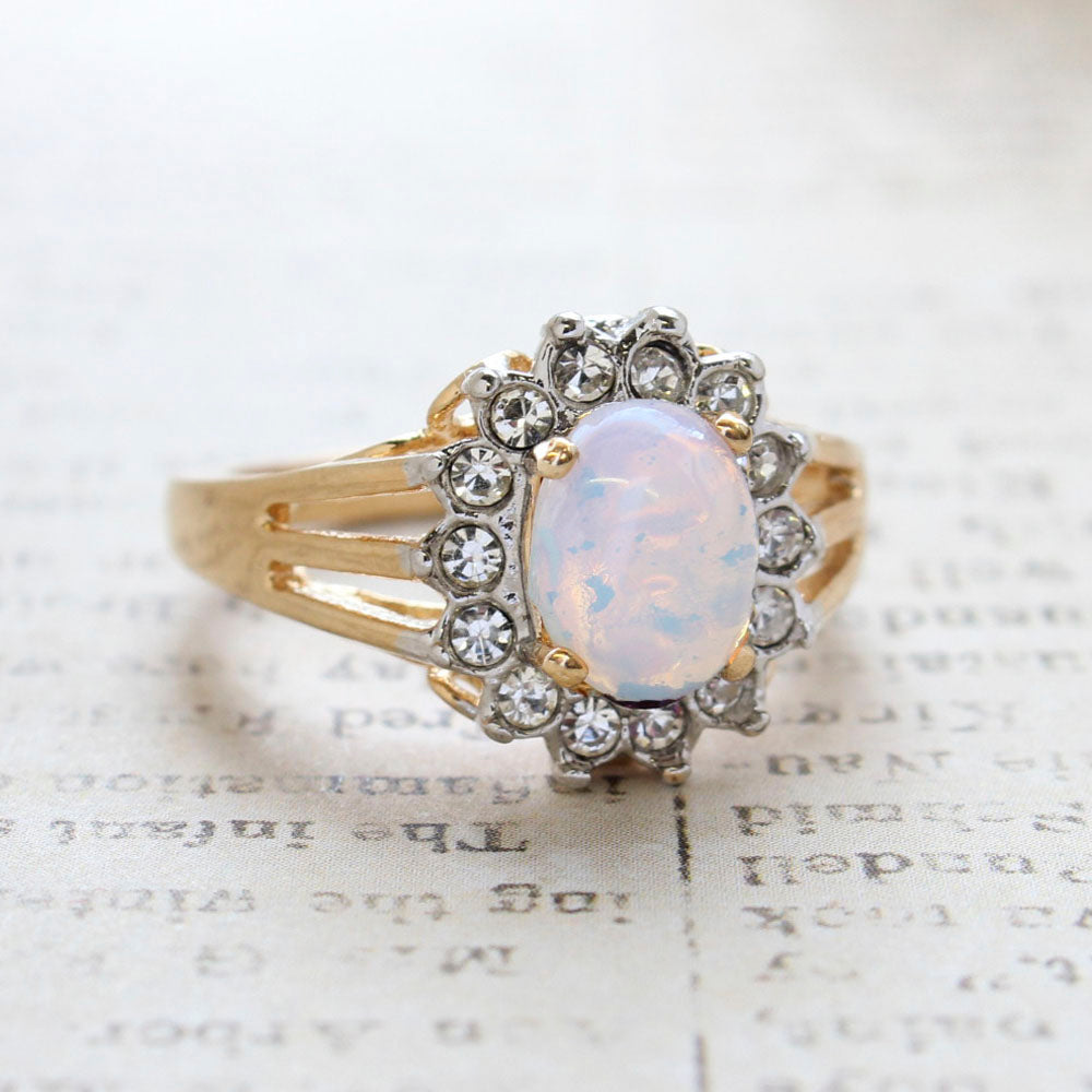 Vintage Pinfire Opal Ring - Clear Austrian Crystals - 18k Yellow Gold Electroplated - October Birthstone - Made in the USA