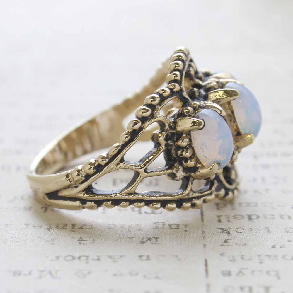 Vintage Pinfire Opal Cabochon Stones Cocktail Ring - 18kt Yellow Gold Electroplated  - October Birthstone - Made in the USA