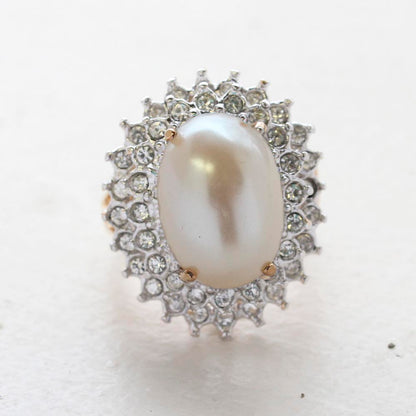 Vintage Jewelry Pearl and Clear Crystal Cocktail Ring in 18kt Gold Electroplate Made in the USA