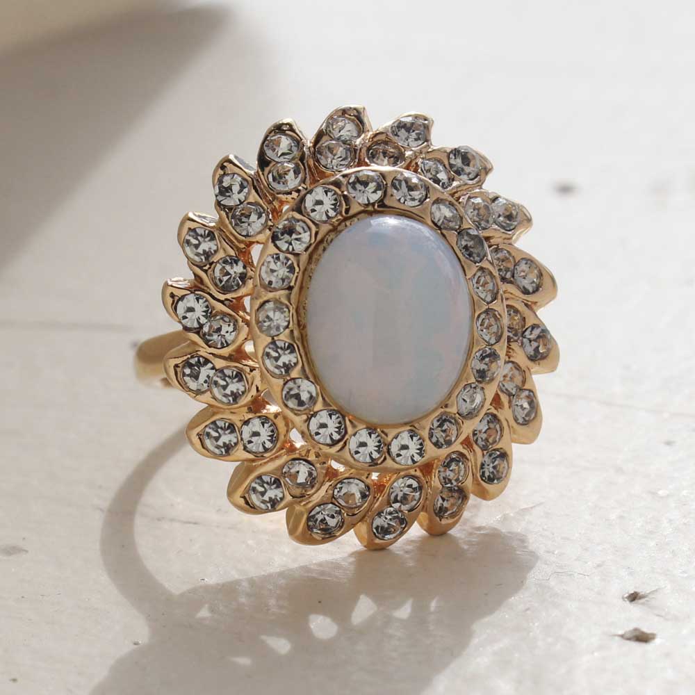 Vintage Jewelry Pinfire Opal Cocktail Ring in a 18k Gold Electroplated Setting Made in the USA