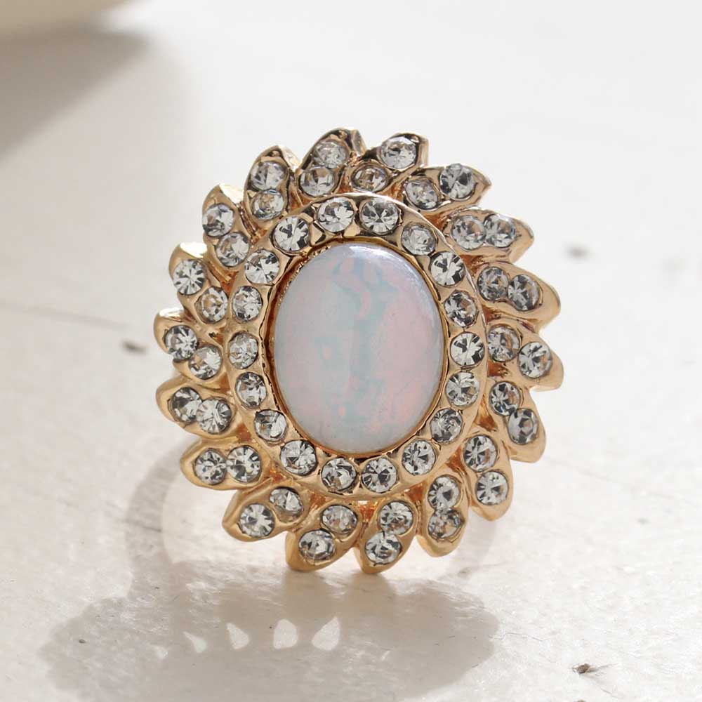 Vintage Jewelry Pinfire Opal Cocktail Ring in a 18k Gold Electroplated Setting Made in the USA