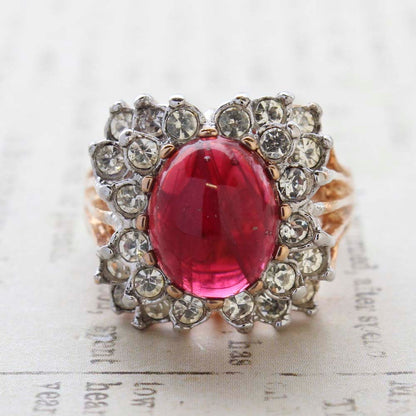 Vintage Ruby Cabochon Crystal Cocktail Ring -  Clear Austrian Crystals- 18kt Yellow Gold Electroplated - July Birthstone - Made in the USA