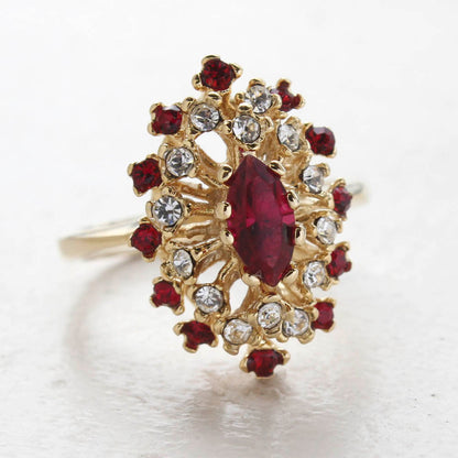 Vintage Ring Ruby Cz Surrounded by Clear and Ruby Austrian Crystals Cocktail Ring or 18kt Yellow Gold Electroplated Made in USA