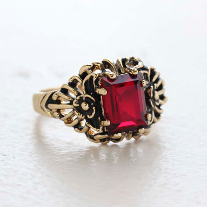 Vintage Ring Emerald Cut Ruby Cz 18kt Antiqued Yellow Gold Plated Filligre Ring Made in the USA July Birthstone