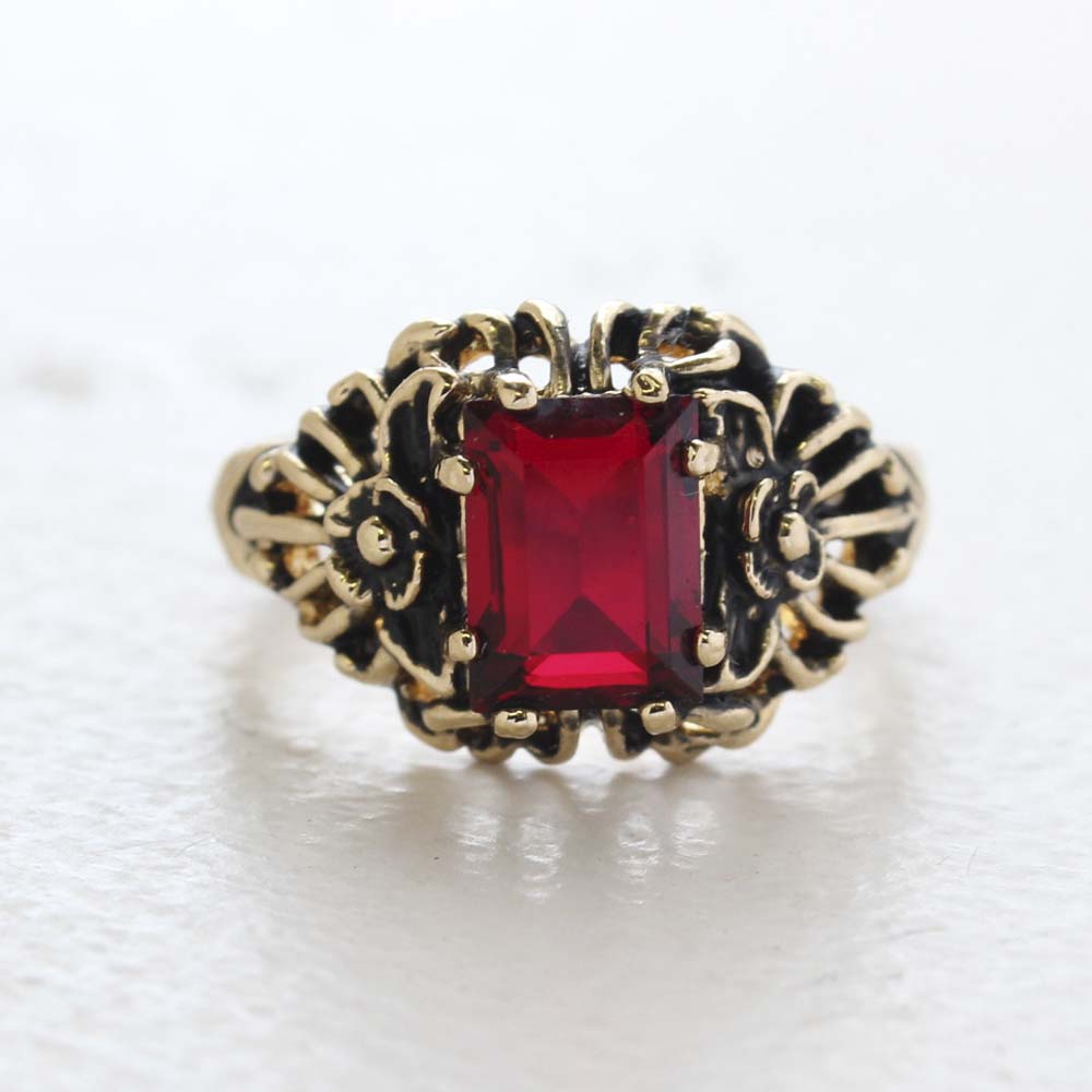 Vintage Ring Emerald Cut Ruby Cz 18kt Antiqued Yellow Gold Plated Filligre Ring Made in the USA July Birthstone