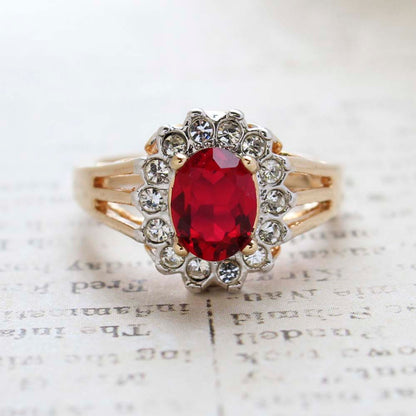 Vintage Ruby Austrian Crystal Ring -  Clear Austrian Crystals - 18kt Yellow Gold Electroplated - July Birthstone - Made in the USA
