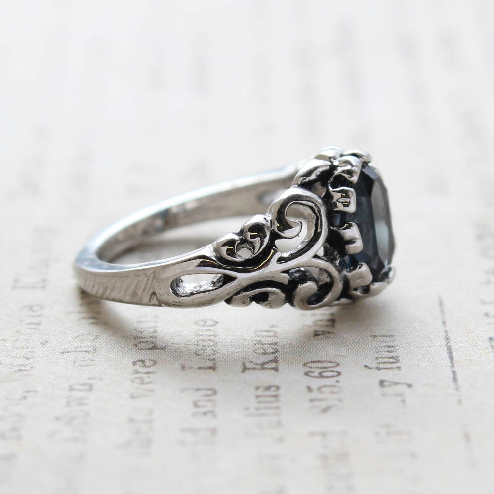 Vintage Sapphire Crystal Ring 18k Antiqued White Gold Electroplated Birthstone Ring Made in USA