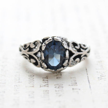 Vintage Sapphire Crystal Ring 18k Antiqued White Gold Electroplated Birthstone Ring Made in USA