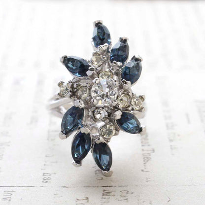 Vintage Jewelry Sapphire and Clear Austrian Crystal Cocktail Ring 18k White Gold Electroplated