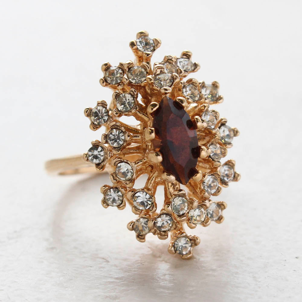 Vintage Ring Smoky Topaz Crystal Surrounded by Clear Austrian Crystals Cocktail Ring 18kt Yellow Gold Electroplated Made in USA