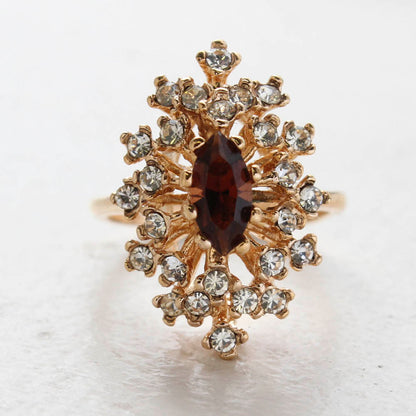 Vintage Ring Smoky Topaz Crystal Surrounded by Clear Austrian Crystals Cocktail Ring 18kt Yellow Gold Electroplated Made in USA