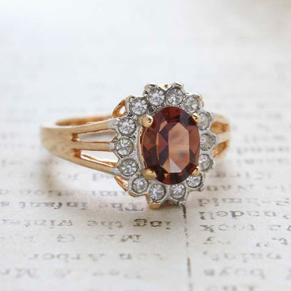 Vintage Smoky Topaz Austrian Crystal Ring - Clear Austrian Crystals - 18k Yellow Gold Electroplated - November Birthstone - Made in USA