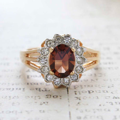 Vintage Smoky Topaz Austrian Crystal Ring - Clear Austrian Crystals - 18k Yellow Gold Electroplated - November Birthstone - Made in USA