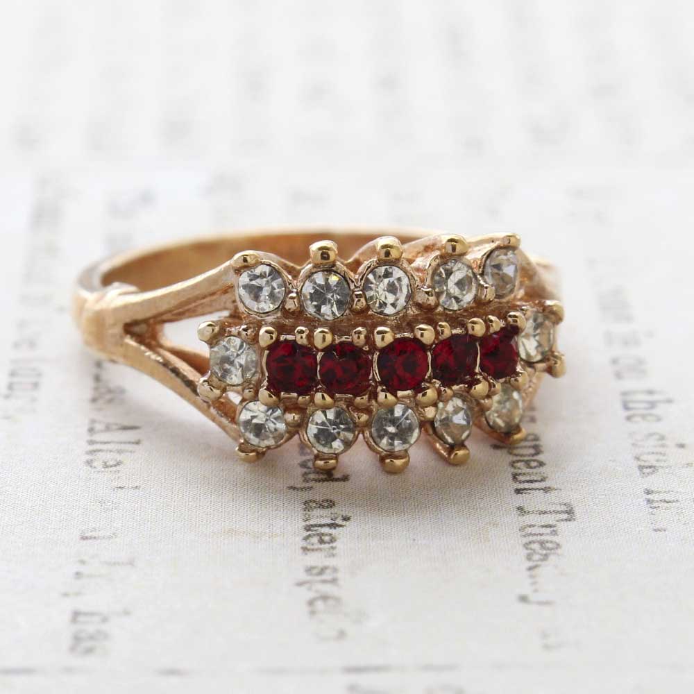 Vintage Ring Ruby and Clear Swarovski Crystal Cocktail Ring 18k Gold Womans Jewelry R836 Size: 13