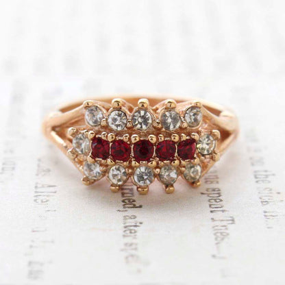 Vintage Ring Ruby and Clear Swarovski Crystal Cocktail Ring 18k Gold Womans Jewelry R836 Size: 13
