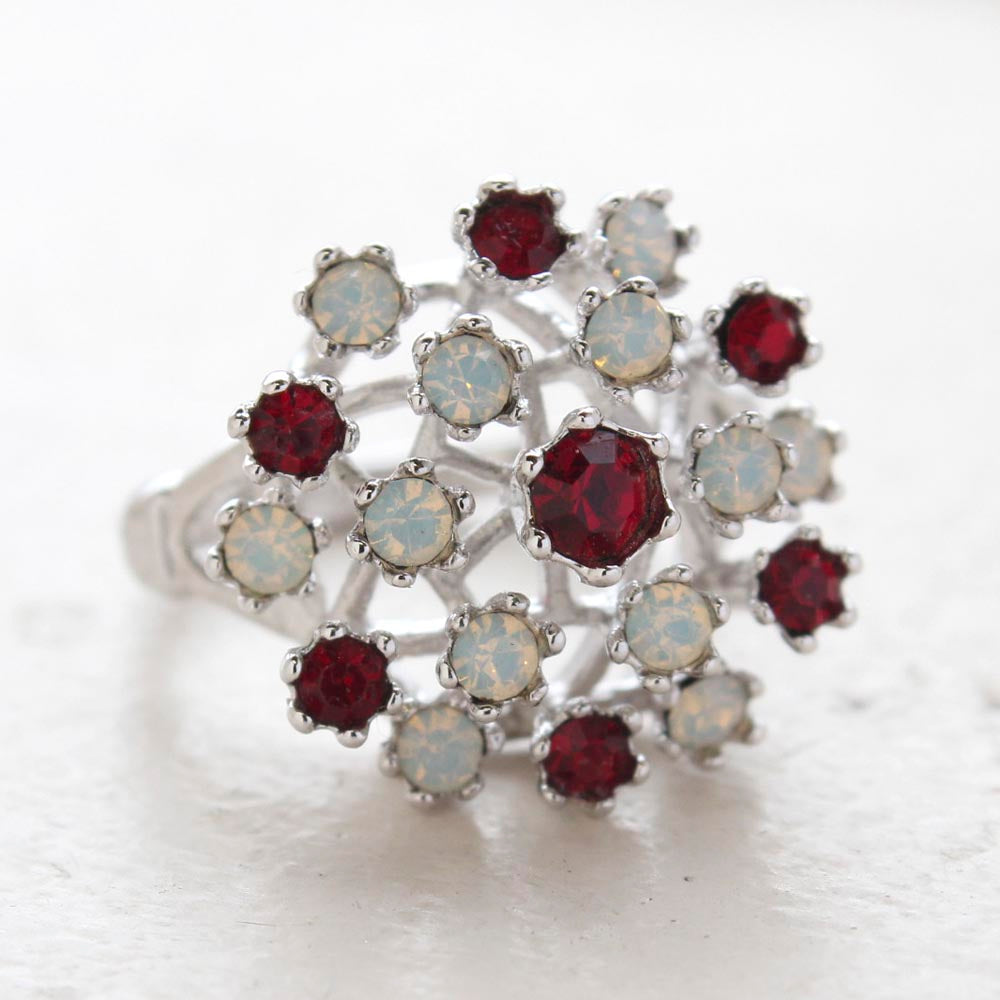 Vintage Ruby Austrian Crystal Ring - Pinfire Opals - 18k White Gold Electroplated - July Birthstone - Made in USA